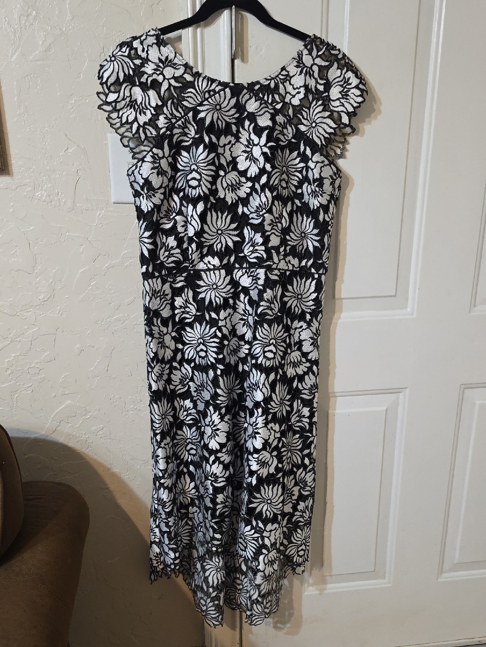 Kay Unger Black and White Floral Lace Midi Dress